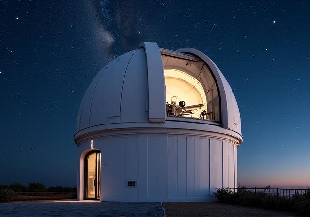 Een klassieke witte astronomische koepel onder een sterrenhemel